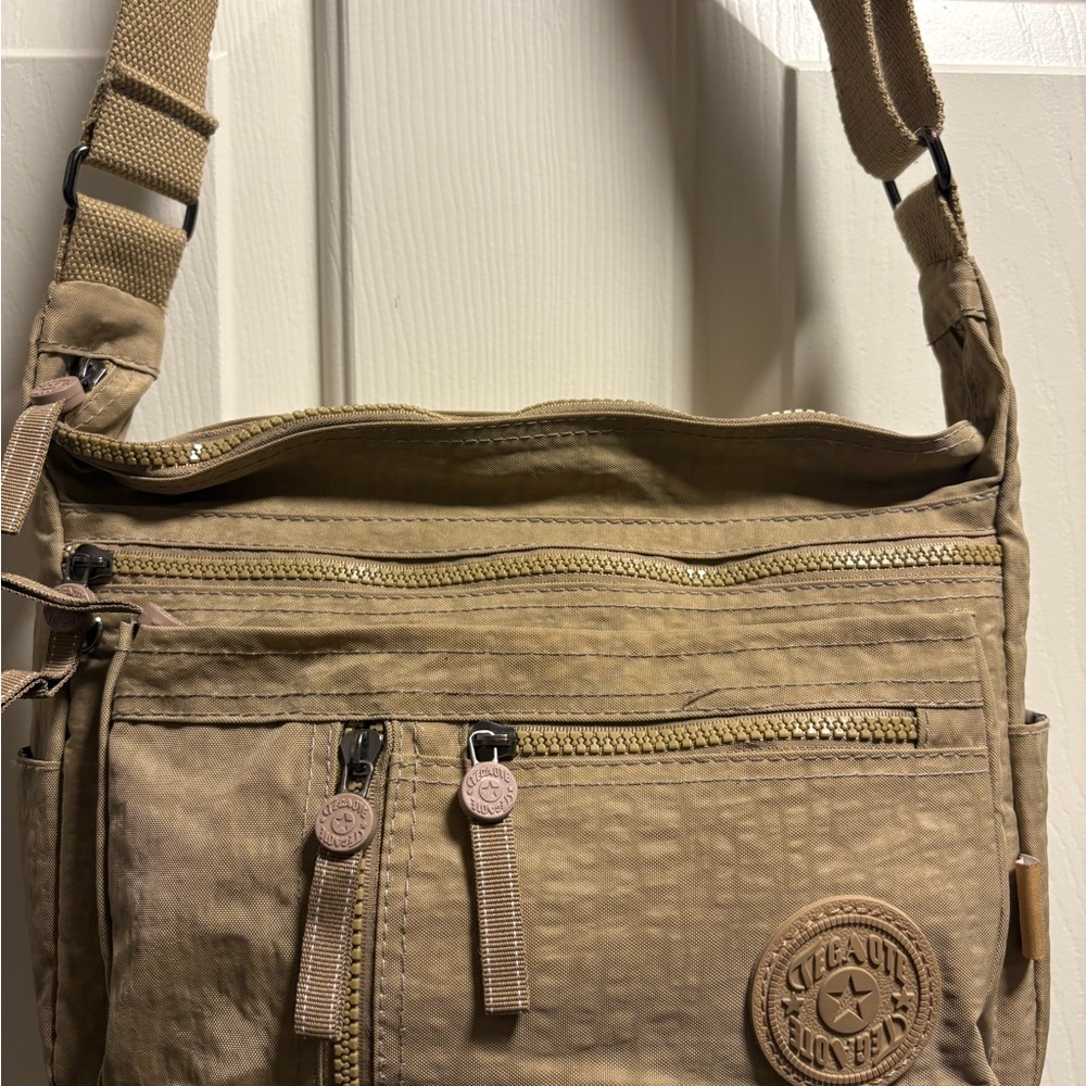 Tegaote Tan Nylon Crossbody Bag With Multiple Zip Pockets